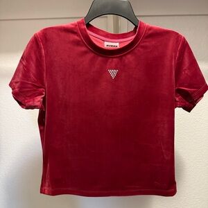 Guess Velvet Short Sleeve Tee - Deep Red with Crystal Logo